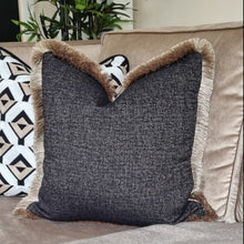 Load image into Gallery viewer, Easton black/ coffee /contrasting luxury natural ruche brush fringe cushion