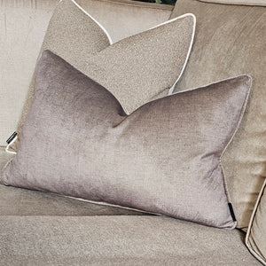 Cream boucle textured cushion with contrasting mink piping Archroll fabrics cushion