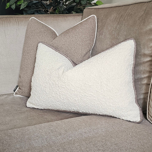 Cream boucle textured cushion with contrasting mink piping Archroll fabrics cushion