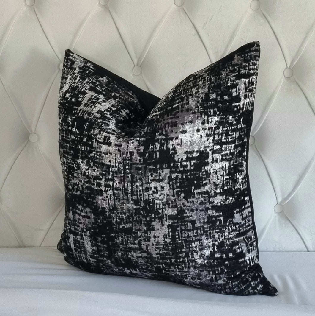 Eve- Black silver textured patterned chenille velvet scatter cushion