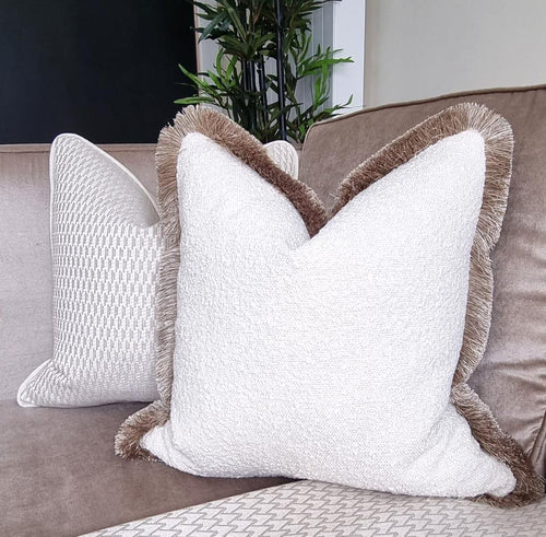 Oban/ cream boucle ruche fringed cushion