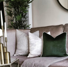 Load image into Gallery viewer, Dark green plush velvet contrasting ivory cotton piping